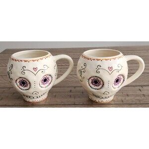 Lot of 2 Natural Life Sugar Skull Mug Cup Halloween Day of The Dead 16 Oz Cups